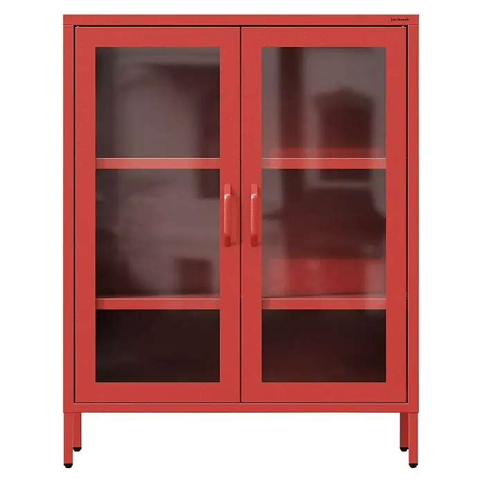Jan Nowak Vitrine Gina - B x T x H: 80 x 40 x 101,5 cm, Rot - Roter Glasschrank mit zwei Regalböden und Griffen. Ideal zur Aufbewahrung und Präsentation von Gegenständen im Wohnbereich.