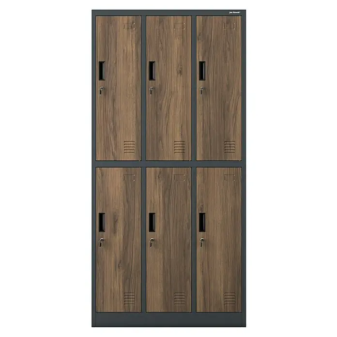 Jan Nowak Schließfachschrank Igor - H x B x T: 185 x 90 x 45 cm, Anzahl Fächer: 6 Stk., Anthrazit/Nussbaum - Schränke in Holzoptik mit sechs Fächern und grauen Rahmen. Die Schränke haben Schlösser und Lüftungsschlitze.