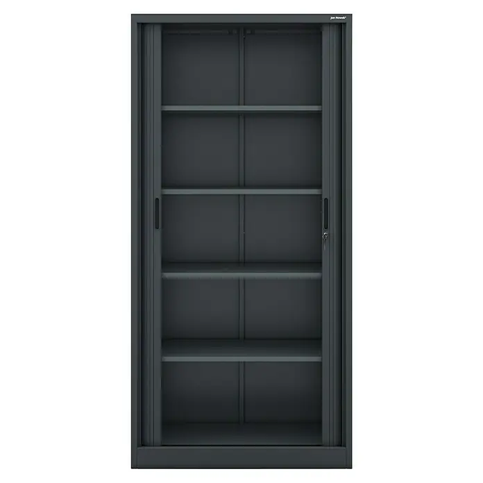 Jan Nowak Aktenschrank Damian - B x T x H: 90 x 45 x 185 cm, Anthrazit - Ein grauer Aktenschrank mit Rollschiebetüren und mehreren Regalen, ideal für Büro und Archiv. Der Schrank bietet viel Stauraum und ist abschließbar.