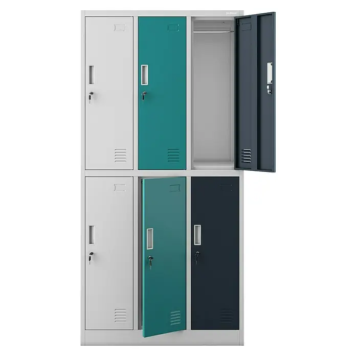 Jan Nowak Schließfachschrank Igor - H x B x T: 185 x 90 x 45 cm, Anzahl Fächer: 6 Stk., Grau/Vielfarbig - Ein Foto von einem Schließfachschrank mit sechs Türen in den Farben Weiß, Türkis und Dunkelgrau, einige davon offen.