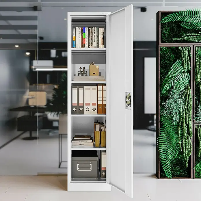 Jan Nowak Aktenschrank Alex - B x T x H: 45 x 40 x 185 cm, Weiß - Ein weißer Büroschrank mit offenstehender Tür, gefüllt mit Büchern, Ordnern und einer Aufbewahrungsbox. Perfekt für Bürobedarf!
