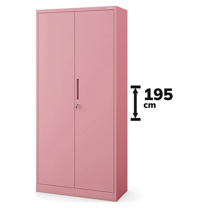 Jan Nowak Aktenschrank Jan - B x T x H: 90 x 40 x 195 cm, Rosa - Ein rosa Metallschrank mit zwei Türen und einer Höhenangabe von 195 cm. Perfekt für Büro oder Zuhause zur stilvollen Aufbewahrung.
