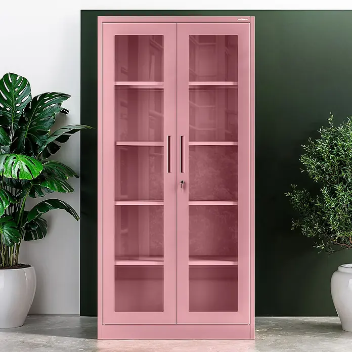 Jan Nowak Aktenschrank Amelia - B x T x H: 90 x 40 x 185 cm, Rosa - Das elegante rosa Metallschrank mit Glastüren bietet stilvollen Stauraum. Perfekt für Büro oder Zuhause, vereint er Funktionalität mit modernem Design.