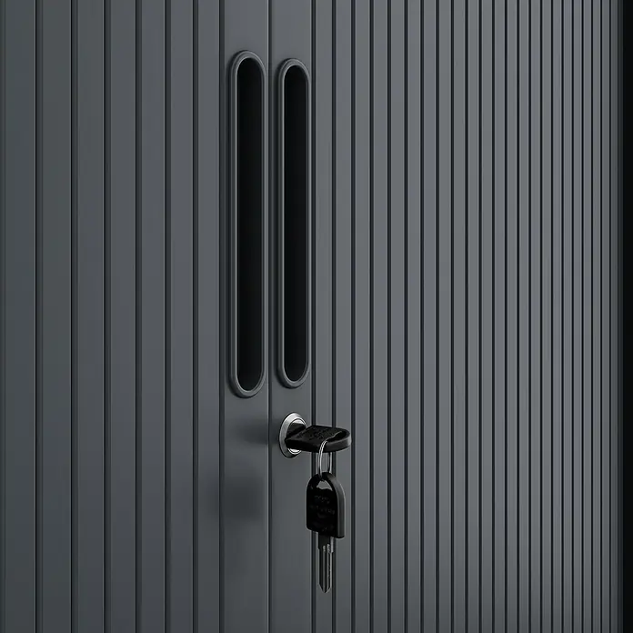 Jan Nowak Aktenschrank Damian - B x T x H: 90 x 45 x 185 cm, Anthrazit - Nahaufnahme eines verschlossenen Metallschranks mit Griffen und Schlüssel. Ideal für Büro oder Werkstatt.