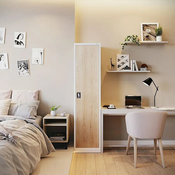 Jan Nowak Aktenschrank Alex - B x T x H: 45 x 40 x 185 cm, Weiß/ Sonoma Eiche - Helles Schlafzimmer mit Bett, Schreibtisch und einem hohen, schmalen Holzschrank mit weißem Rahmen, der als Produkt hervorgehoben wird.