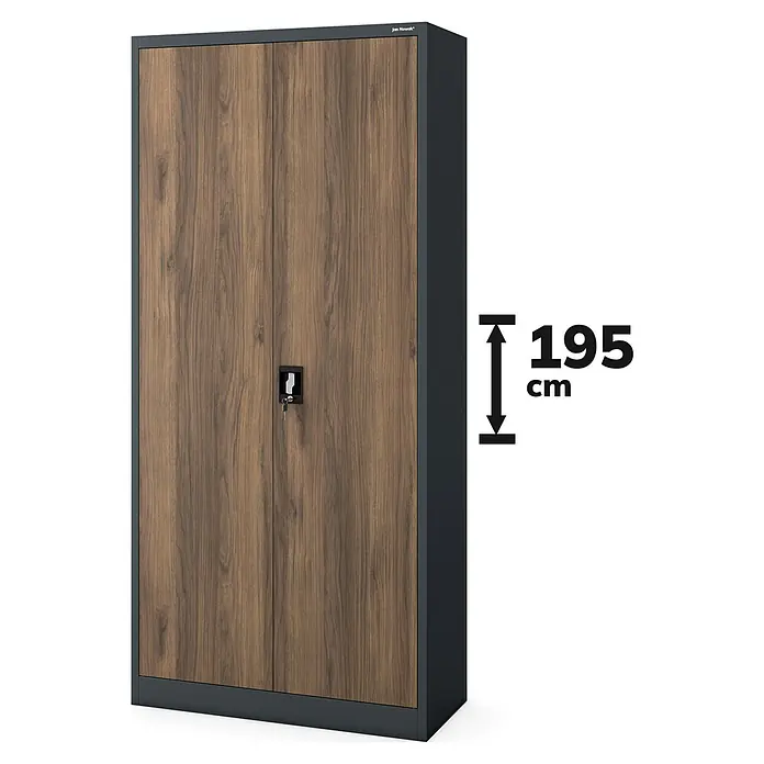 Jan Nowak Aktenschrank Jan - B x T x H: 90 x 40 x 195 cm, Anthrazit/Nussbaum - Stahlschrank in Holzoptik mit zwei Türen und einer Höhe von 195 cm. Ideal für Büro oder Werkstatt zur sicheren Aufbewahrung von Dokumenten und Werkzeugen.