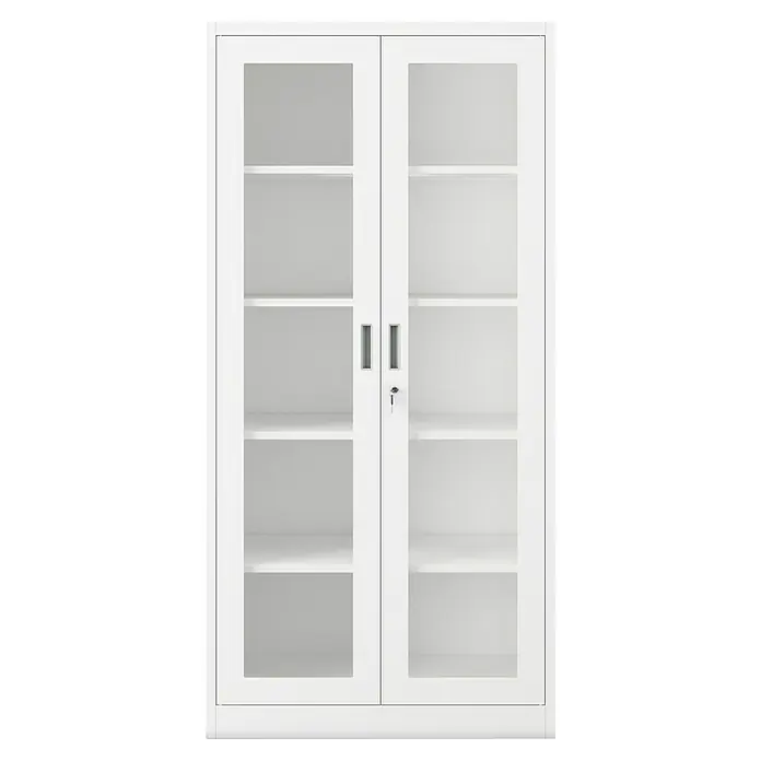 Jan Nowak Aktenschrank Amelia - B x T x H: 90 x 40 x 185 cm, Weiß - Ein weißer Aktenschrank mit zwei Glastüren, ausgestattet mit Regalen zur übersichtlichen Aufbewahrung von Dokumenten und Büromaterialien.