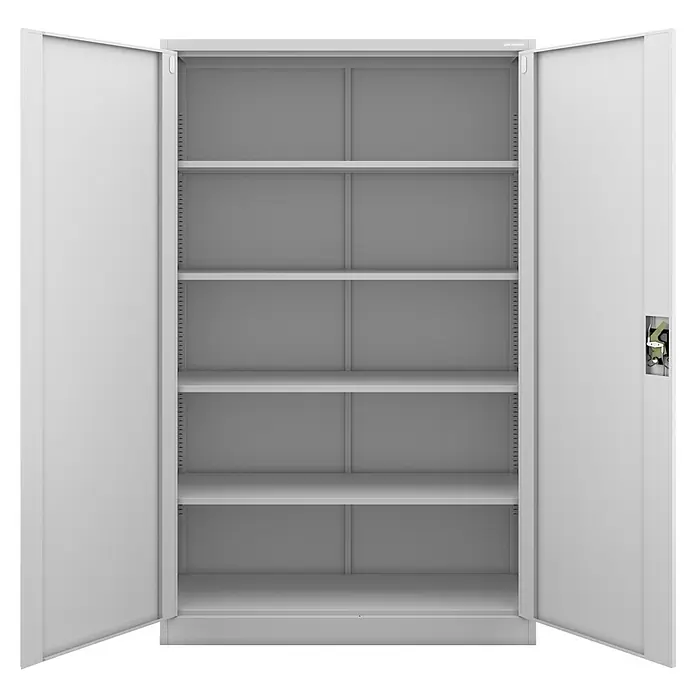 Jan Nowak Aktenschrank Jan II - B x T x H: 115 x 40 x 185 cm, Grau - Offener, grauer Metallschrank mit mehreren Regalböden zur Aufbewahrung von Gegenständen.