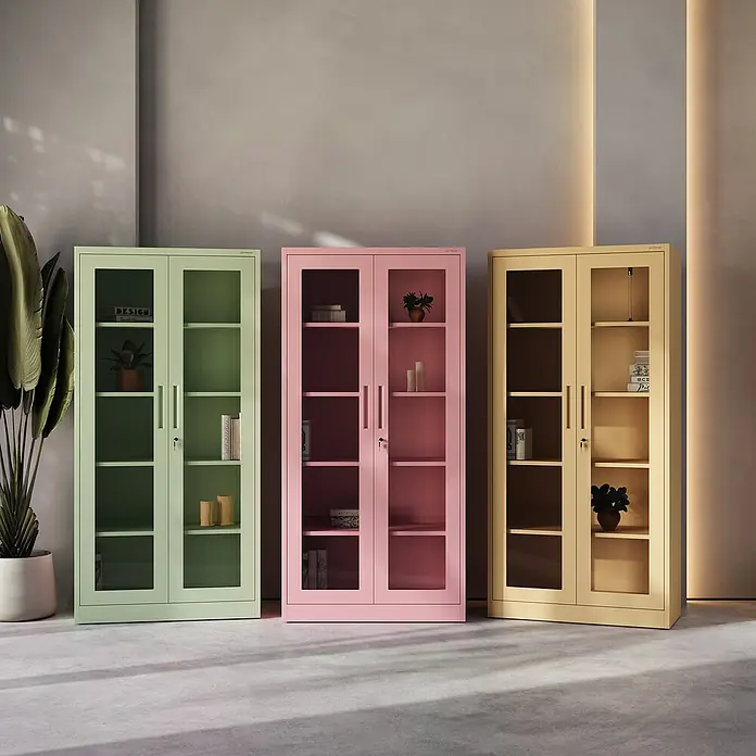 Jan Nowak Aktenschrank Amelia - B x T x H: 90 x 40 x 185 cm, Rosa - Drei farbige Aktenschränke mit Glastüren in Grün, Rosa und Gelb, die im Büro oder Arbeitszimmer für Ordnung sorgen.
