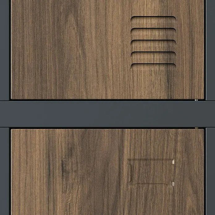 Jan Nowak Schließfachschrank Igor - H x B x T: 185 x 90 x 45 cm, Anzahl Fächer: 6 Stk., Anthrazit/Nussbaum - Detailansicht von zwei Holzschließfächern mit Lüftungsschlitzen und Griff, eingefasst in einem stabilen Metallrahmen.