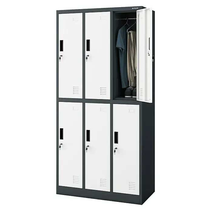 Jan Nowak Schließfachschrank Igor - H x B x T: 185 x 90 x 45 cm, Anzahl Fächer: 6 Stk., Anthrazit/Weiß - Ein Schließfachschrank mit sechs Fächern, wobei eines offen ist und Kleidung und Schuhe zeigt. Ideal für Schulen und Umkleideräume.
