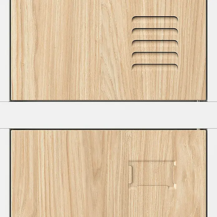 Jan Nowak Schließfachschrank Igor - H x B x T: 185 x 90 x 45 cm, Anzahl Fächer: 6 Stk., Weiß/Sonoma eiche - Nahaufnahme von zwei hellbraunen Holzschränken mit weißen Rahmen und Entlüftungsöffnungen bzw. Griffmulden.