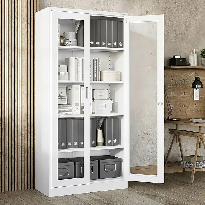 Jan Nowak Aktenschrank Amelia - B x T x H: 90 x 40 x 185 cm, Weiß - Ein moderner, weißer Büroschrank mit Glasfront, ideal zur Aufbewahrung von Akten und Büchern im Büro oder Arbeitszimmer.