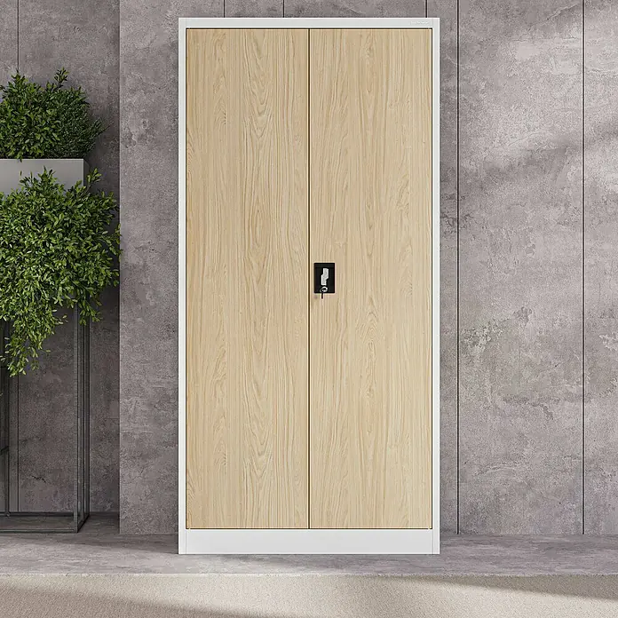 Jan Nowak Aktenschrank Jan - B x T x H: 90 x 40 x 185 cm, Weiß/Sonoma Eiche - Aufnahme eines Metallschranks mit Holztüren und weißem Rahmen, ideal für Büro oder Zuhause. Der Schrank bietet viel Stauraum und ist abschließbar.