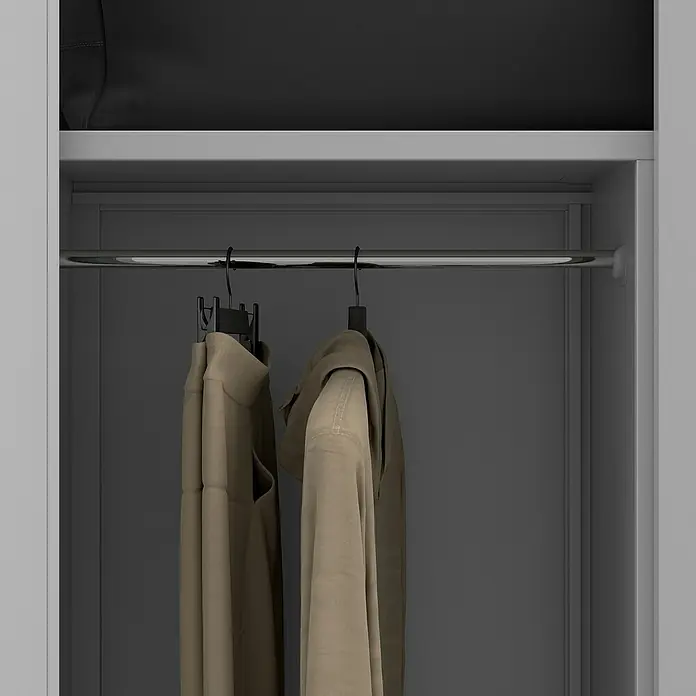 Jan Nowak Metall-Mehrzweckschrank Dawid - H x B x T: 185 x 90 x 45 cm, Grau - Innenansicht eines Kleiderschranks mit hängender Kleidung an einer Stange. Der Fokus liegt auf der Funktionalität und dem Design des Schranks.