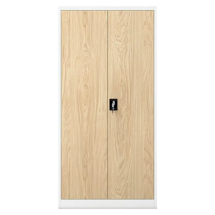 Jan Nowak Aktenschrank Jan - B x T x H: 90 x 40 x 185 cm, Weiß/Sonoma Eiche - Geschlossener Büroschrank aus hellem Holz mit weißem Rahmen und abschließbarem Schloss.