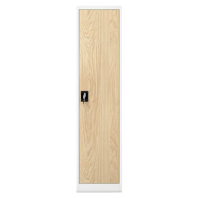 Jan Nowak Aktenschrank Alex - B x T x H: 45 x 40 x 185 cm, Weiß/ Sonoma Eiche - Nahaufnahme einer hellen Holzschranktür mit einem schwarzen Schloss und einem Schlüssel im Schloss, um die Details hervorzuheben.