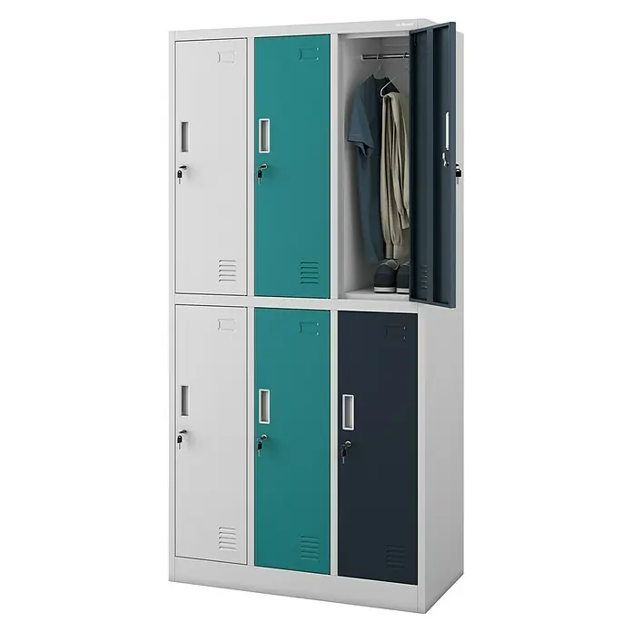 Jan Nowak Schließfachschrank Igor - H x B x T: 185 x 90 x 45 cm, Anzahl Fächer: 6 Stk., Grau/Vielfarbig - Ein dreifach gestapelter Metallschrank mit weißen, türkisen und marineblauen Türen, wobei ein Schrank offen ist und Kleidung zeigt.