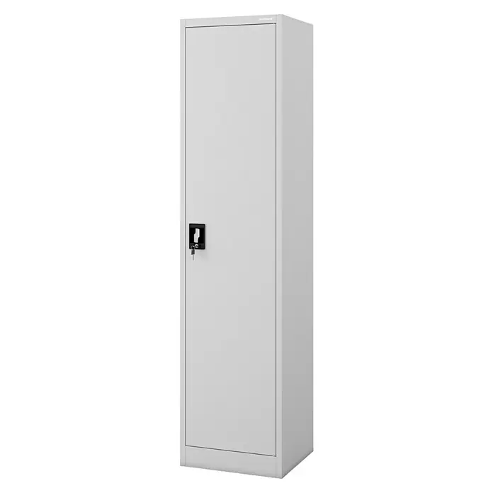 Jan Nowak Aktenschrank Alex - B x T x H: 45 x 40 x 185 cm, Grau - Ein grauer Stahlschrank mit einem schwarzen Griff und einem Schlüssel, der sich ideal für die sichere Aufbewahrung von Gegenständen eignet.