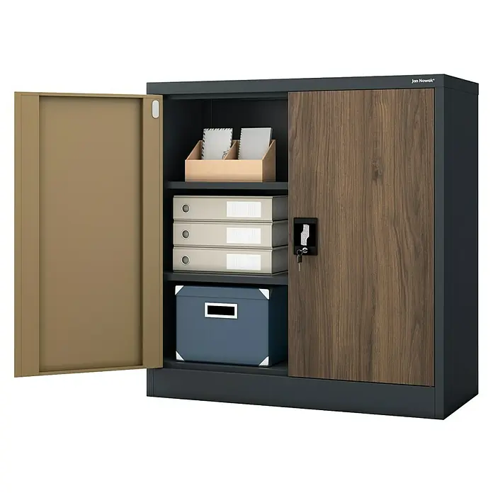 Jan Nowak Aktenschrank Beata - B x T x H: 90 x 40 x 92,5 cm, Anthrazit / Nussbaum - Büroschrank mit offenem Fach und Holztür mit Schloss. Viel Stauraum für Aktenordner und Büroartikel im modernen Design.