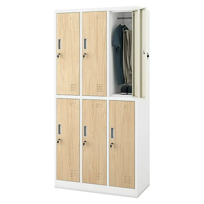 Jan Nowak Schließfachschrank Igor - H x B x T: 185 x 90 x 45 cm, Anzahl Fächer: 6 Stk., Weiß/Sonoma eiche - Sechs abschließbare Holzfächer, eines davon offen mit Kleidung und Schuhen, ideal für Büro oder Schule.