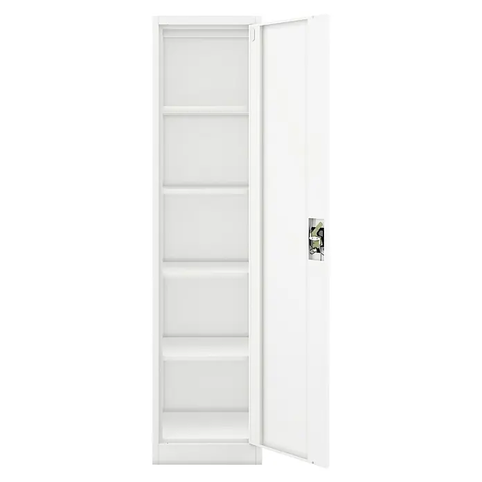 Jan Nowak Aktenschrank Alex - B x T x H: 45 x 40 x 185 cm, Weiß - Weißer Büroschrank mit offenen Regalen und einer teilweise geöffneten Tür mit Schloss, ideal zur Aufbewahrung von Dokumenten und Büromaterial.