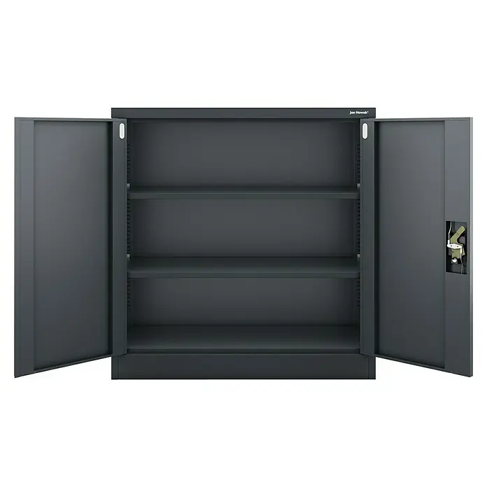 Jan Nowak Aktenschrank Beata - B x T x H: 90 x 40 x 92,5 cm, Anthrazit - Bild eines geöffneten grauen Stahlschranks mit drei Einlegeböden, ideal zur Aufbewahrung von Büromaterialien.