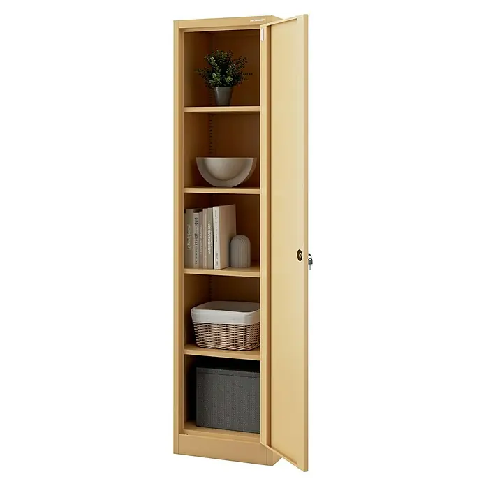Jan Nowak Aktenschrank Alex - B x T x H: 45 x 40 x 185 cm, Beige - Ein offener, beiger Metallschrank mit Regalen, auf denen Topfpflanzen, eine Schale, Bücher und Körbe stehen.
