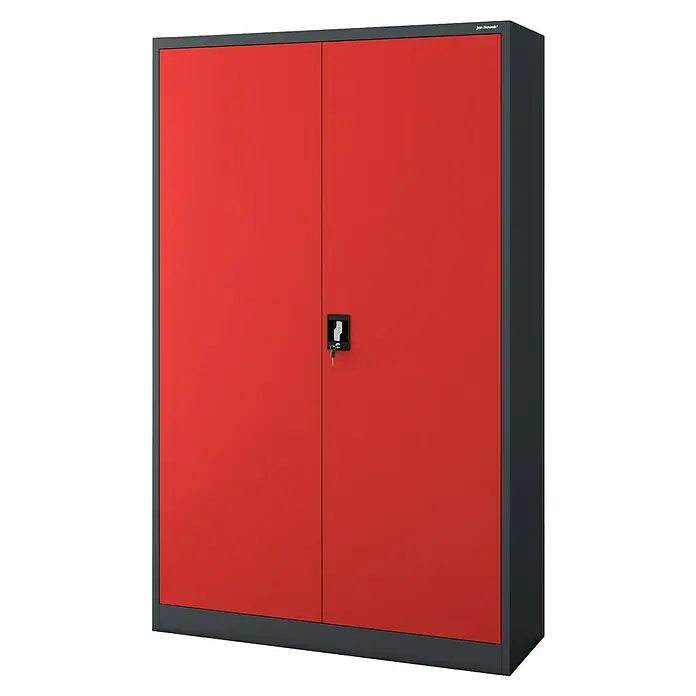 Jan Nowak Aktenschrank Jan II - B x T x H: 115 x 40 x 185 cm, Anthrazit/Rot - Roter Stahlschrank mit zwei Türen und einem Schloss für sichere Aufbewahrung im Büro oder Lager.