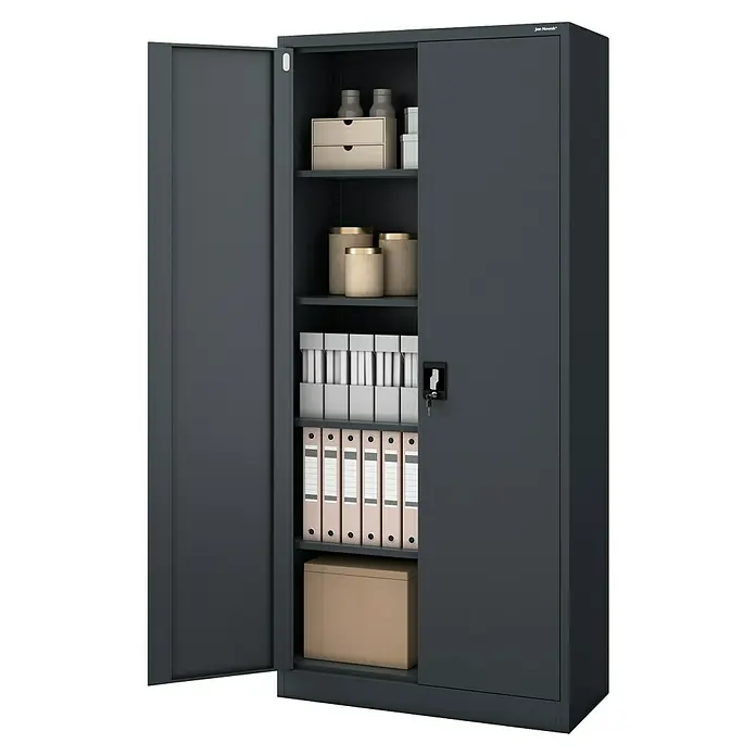 Jan Nowak Aktenschrank Jan - B x T x H: 90 x 40 x 195 cm, Anthrazit - Ein grauer Metallschrank mit Regalen, gefüllt mit Bürobedarf, teilweise geöffnet. Praktisch für die Organisation von Dokumenten und Materialien.