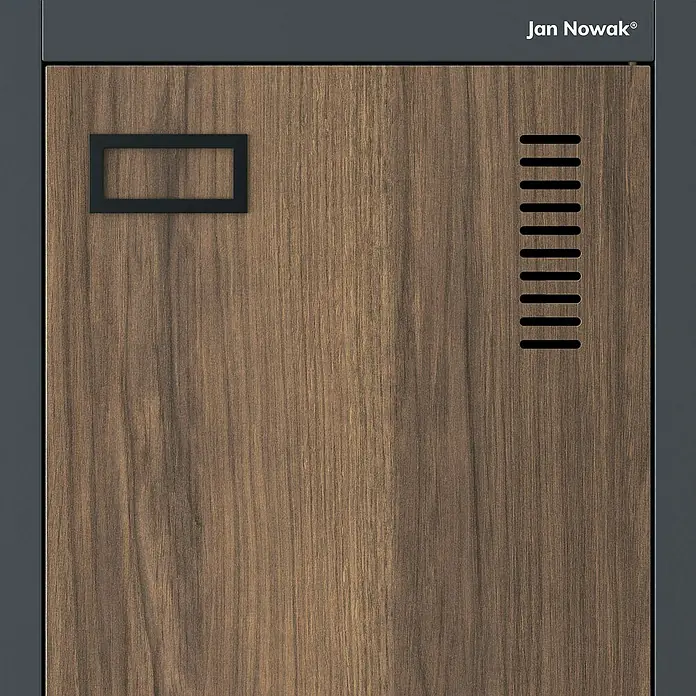 Jan Nowak Spind Kacper - H x B x T: 180 x 80 x 50 cm, Anthrazit/Nussbaum, Anzahl Türen: 2 Stk., Anzahl Fächer: 4 Stk. - Das Bild zeigt einen Jan Nowak Aktenschrank in Holzoptik mit einem schwarzen Griff und Lüftungsschlitzen. Optimal für die Büroorganisation.