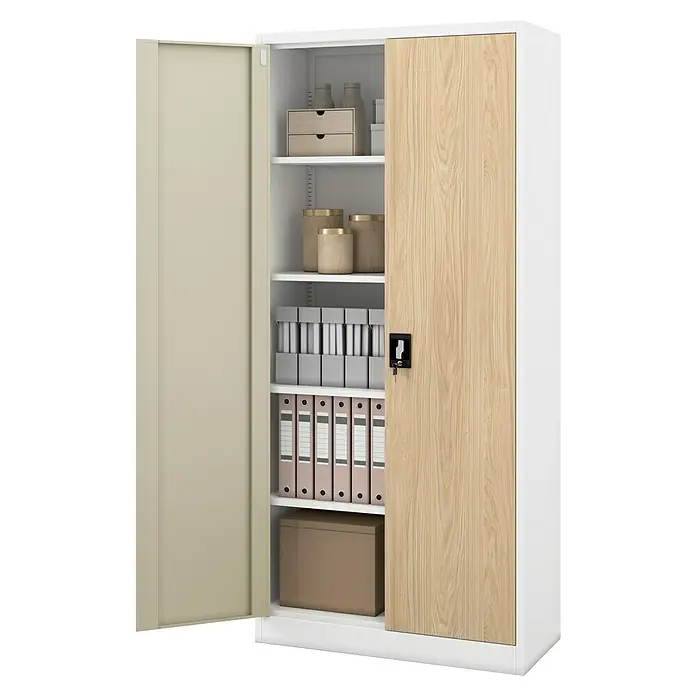 Jan Nowak Aktenschrank Jan - B x T x H: 90 x 40 x 195 cm, Weiß/Sonoma Eiche - Büroschrank mit Fächern und zwei Türen in Beige und Holzoptik, ideal für die Aufbewahrung von Dokumenten und Büromaterialien.