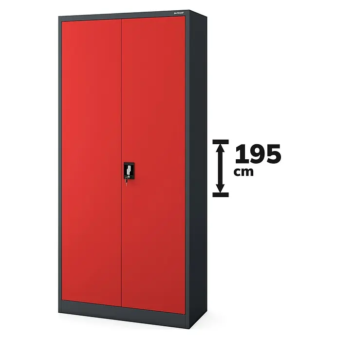 Jan Nowak Aktenschrank Jan - B x T x H: 90 x 40 x 195 cm, Anthrazit/Rot - Ein roter Jan Nowak Metallschrank mit zwei Türen und einem schwarzen Rahmen, der Stabilität und Schutz bietet.