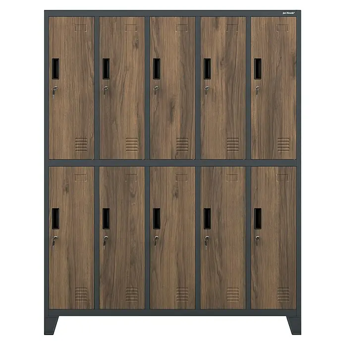 Jan Nowak Spind Bartek - B x T x H: 136 x 45 x 172 cm, Anthrazit/ Nussbaum - Zehn abschließbare Holzschränke mit grauem Rahmen, ideal für Schulen oder Umkleideräume.