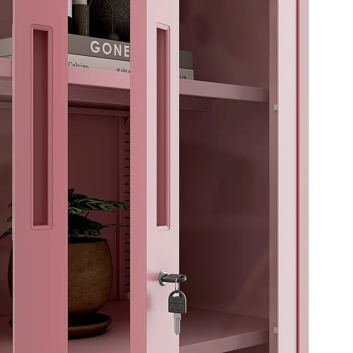 Jan Nowak Aktenschrank Amelia - B x T x H: 90 x 40 x 185 cm, Rosa - Nahaufnahme eines rosafarbenen Metallschranks mit Büchern, einer Pflanze und einem Schlüssel im Schloss.