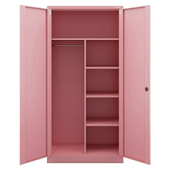 Jan Nowak Metall-Mehrzweckschrank Dawid - H x B x T: 185 x 90 x 45 cm, Rosa - Ein offener, rosa Kleiderschrank mit einer Stange und mehreren Regalen für die übersichtliche Aufbewahrung von Kleidung und Accessoires.