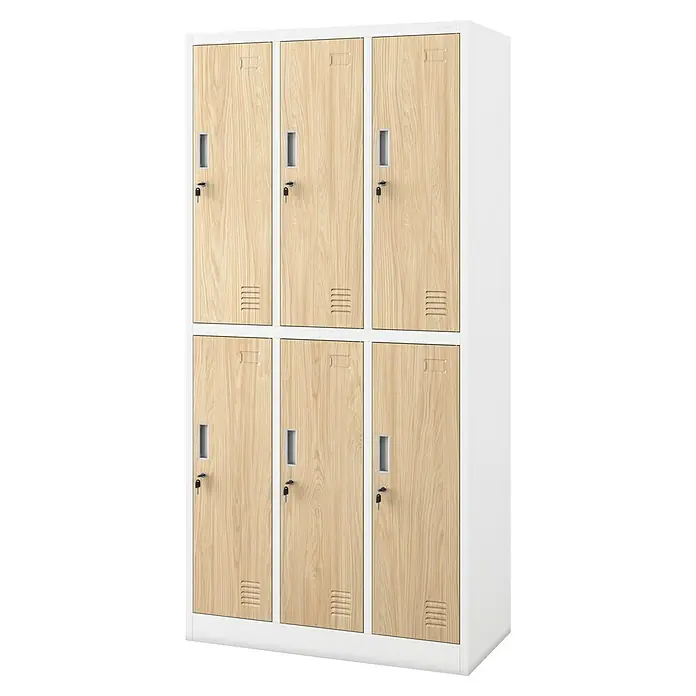 Jan Nowak Schließfachschrank Igor - H x B x T: 185 x 90 x 45 cm, Anzahl Fächer: 6 Stk., Weiß/Sonoma eiche - Diese Aufnahme zeigt einen Schrank mit sechs Fächern in einem hellen Holzton. Der Schrank ist schlicht und funktional gestaltet.
