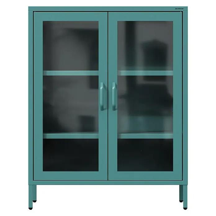 Jan Nowak Vitrine Gina - B x T x H: 80 x 40 x 101,5 cm, Meeresgrün - Ein türkisfarbener Büroschrank mit zwei Glastüren und zwei Einlegeböden, ideal für die Organisation von Dokumenten und Büromaterialien.