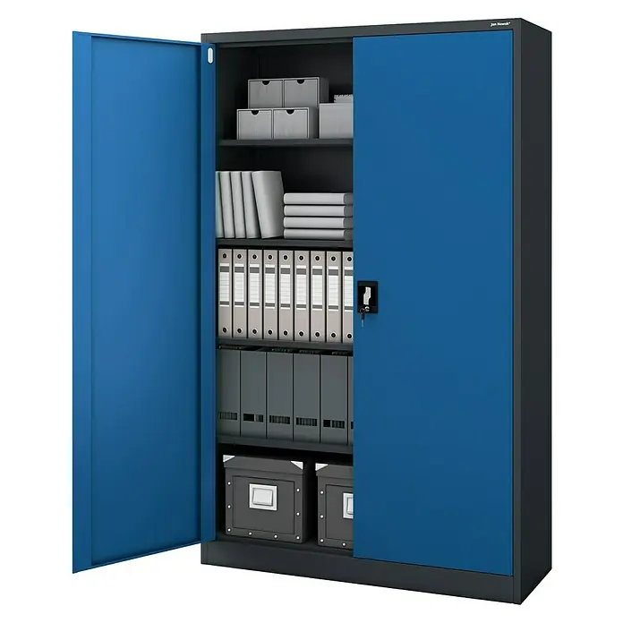 Jan Nowak Aktenschrank Jan II - B x T x H: 115 x 40 x 185 cm, Anthrazit/Blau - Blauer Stahlschrank mit offenem Fach, gefüllt mit Büromaterialien. Perfekt für Büro oder Werkstatt zur sicheren Aufbewahrung von Dokumenten.