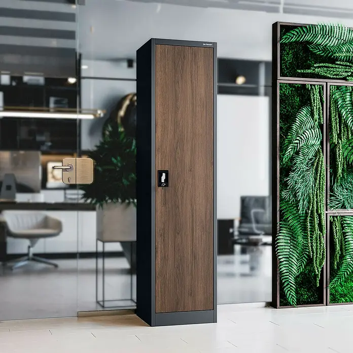 Jan Nowak Aktenschrank Alex - B x T x H: 45 x 40 x 185 cm, Anthrazit/ Nussbaum - Büro-Schließfach mit Holztür und modernem Design, ideal für die Aufbewahrung von persönlichen Gegenständen im Büro.