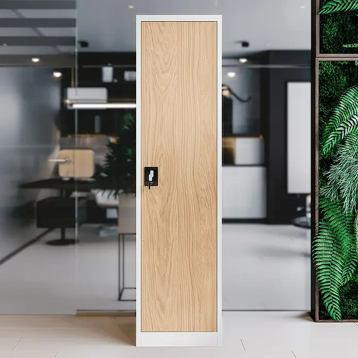 Jan Nowak Aktenschrank Alex - B x T x H: 45 x 40 x 185 cm, Weiß/ Sonoma Eiche - Ein stilvoller Holzschrank mit Schlüssel und weißem Rahmen, ideal für moderne Büros und Umkleideräume.
