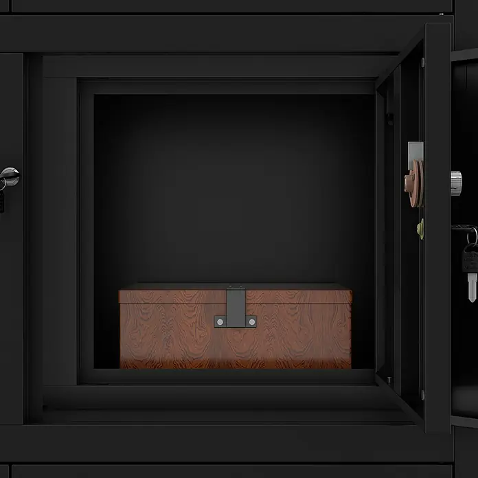 Jan Nowak Aktenschrank Filip II - B x T x H: 90 x 40 x 185 cm, Schwarz - Schwarzer Safe mit Holzkiste. Die Holzkiste mit Schloss im Inneren des Tresors sorgt für zusätzliche Sicherheit und Privatsphäre.