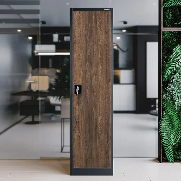 Jan Nowak Aktenschrank Alex - B x T x H: 45 x 40 x 185 cm, Anthrazit/ Nussbaum - Ein stilvoller, hochformatiger Holzschrank mit Schloss, ideal für moderne Büros oder Umkleideräume, bietet funktionale Eleganz.