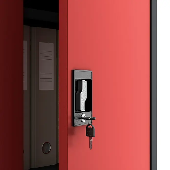 Jan Nowak Aktenschrank Jan II - B x T x H: 115 x 40 x 185 cm, Anthrazit/Rot - Roter Aktenschrank mit Schlüssel. Sicher verstaut: Ihr Schreibtischzubehör im robusten Stahlschrank. Praktische Aufbewahrung für Büro und Arbeitszimmer.