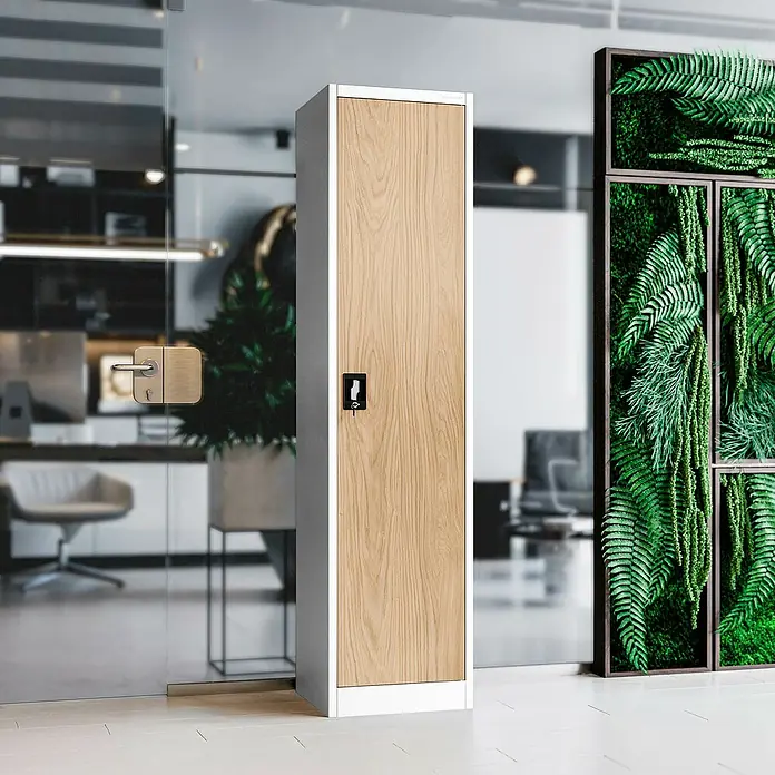 Jan Nowak Aktenschrank Alex - B x T x H: 45 x 40 x 185 cm, Weiß/ Sonoma Eiche - Dieser Artikel zeigt einen einzelnen Holz-Metall-Spind. Geeignet für Büro- und öffentliche Räume mit seinem modernen Design.