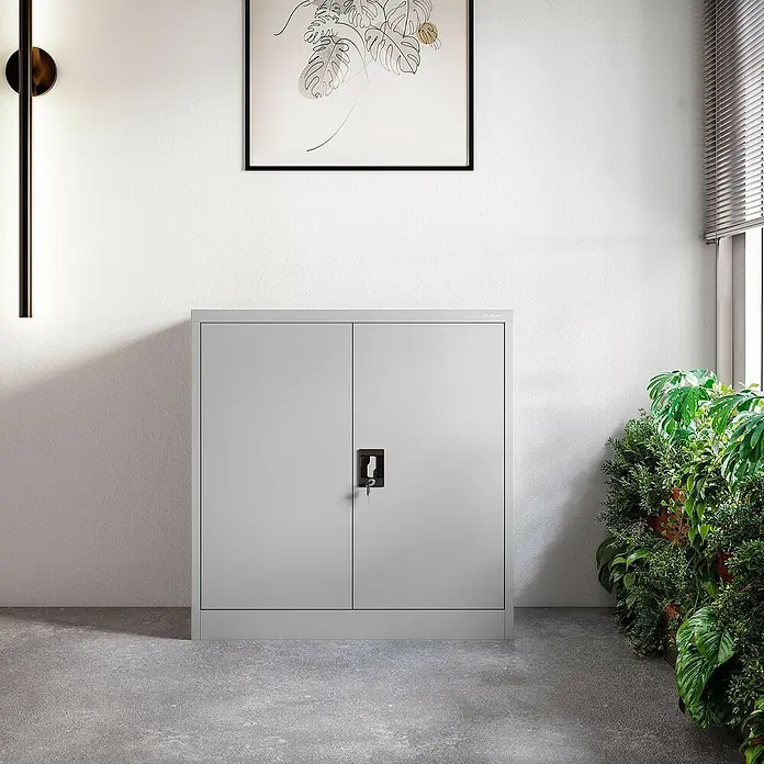 Jan Nowak Aktenschrank Beata - B x T x H: 90 x 40 x 92,5 cm, Grau - Grauer Metallschrank mit zwei Türen und einem Schloss in einem modernen Raum mit Pflanzendekoration.