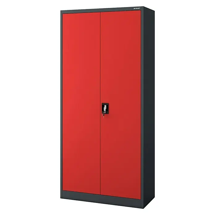 Jan Nowak Aktenschrank Jan - B x T x H: 90 x 40 x 195 cm, Anthrazit/Rot - Roter Stahlschrank mit zwei Türen und einem schwarzen Griff mit Schlüssel für sichere Aufbewahrung von Gegenständen.