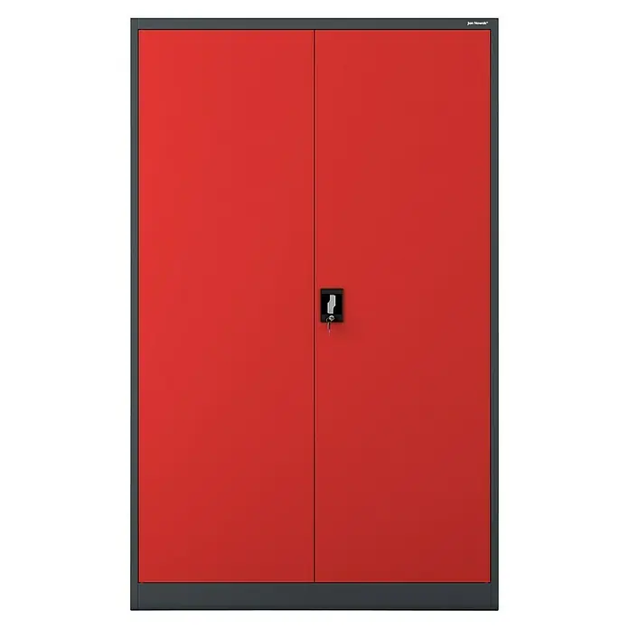 Jan Nowak Aktenschrank Jan II - B x T x H: 115 x 40 x 185 cm, Anthrazit/Rot - Ein roter Flügeltürenschrank mit dunklem Rahmen und Schloss. Der robuste Stahlschrank bietet sicheren Stauraum für Werkstatt oder Büro.