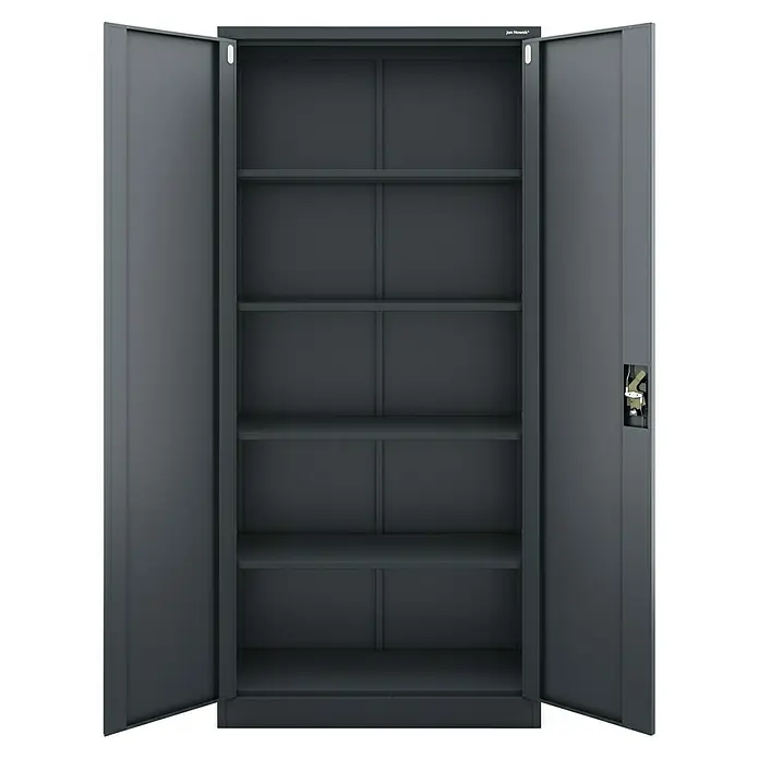 Jan Nowak Aktenschrank Jan - B x T x H: 90 x 40 x 195 cm, Anthrazit - Grauer Metallschrank mit offenen Türen, der leere Regale zeigt. Bietet viel Stauraum für Büro oder Werkstatt.