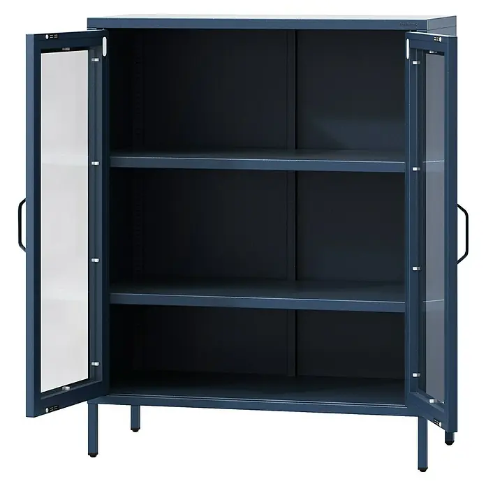 Jan Nowak Vitrine Gina - B x T x H: 80 x 40 x 101,5 cm, Dunkelblau - Ein blauer Büroschrank mit zwei Glastüren und Einlegeböden bietet viel Stauraum für Dokumente oder Büromaterialien.